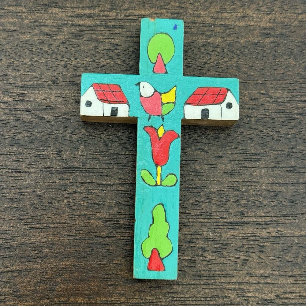 Cross El‎ Salvador Vtg Handmade Turquoise Bird Floral Folk Art Artisan Religious